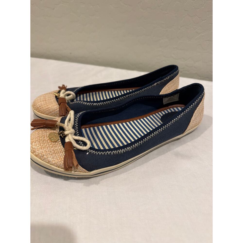 Sebago Womens Ballet Flats Size 8 Navy Raffia Cap Toe Nautical Bow Comfort - Picture 8 of 8